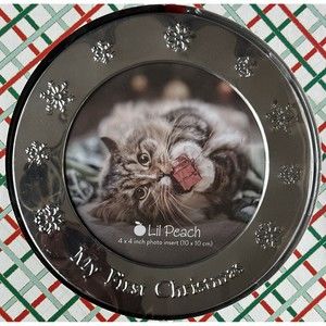 Lil Peach Pet Ornament Dog Cat Photo My First Christmas 4x4 4” Silver Round NEW